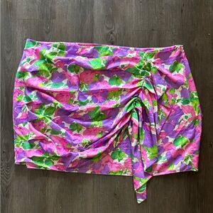Floral Ruched Satin Skirt in Pink, Purple & Green